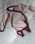 Cross-over body - Long sleeve - Wool & Silk - Natural/ Orchid striped