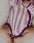 Cross-over body - Long sleeve - Wool & Silk - Natural/ Orchid striped