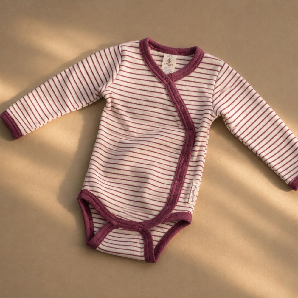 Cross-over body - Long sleeve - Wool & Silk - Natural/ Orchid striped