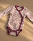 Cross-over body - Long sleeve - Wool & Silk - Natural/ Orchid striped