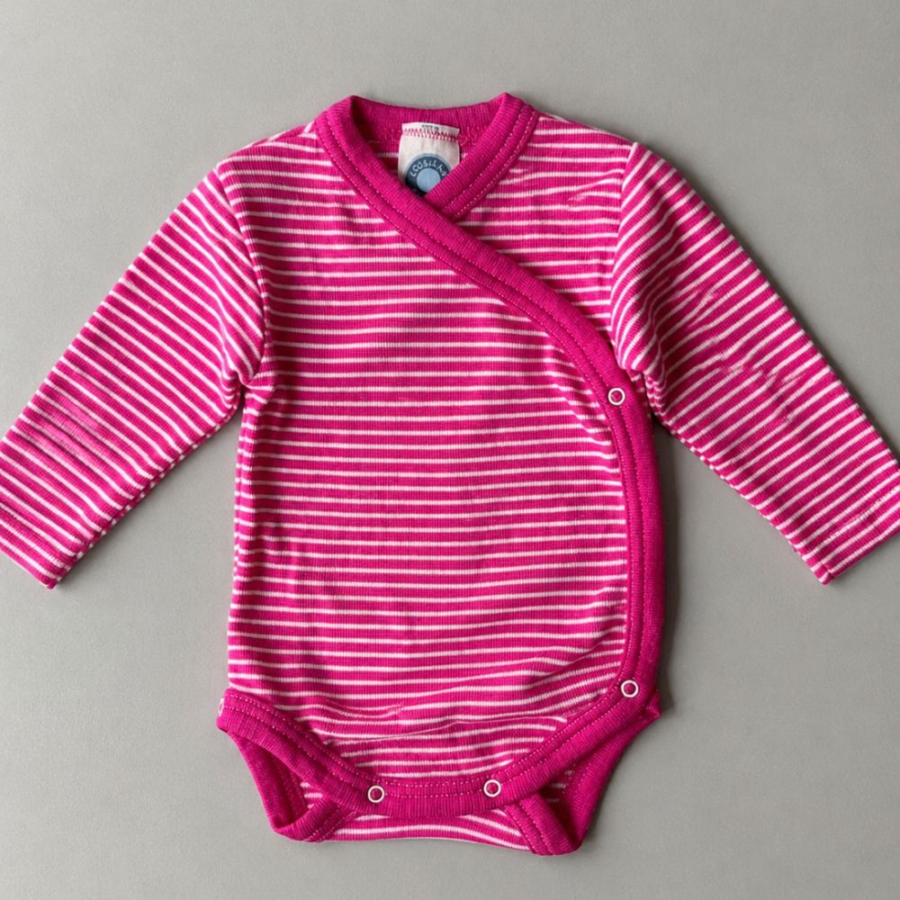 Cross-over body - Long sleeve - Wool & Silk - Striped Pink
