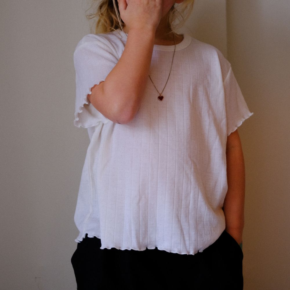 Tothemoon ☾ Tothemoon ☾ - Shirt - wide fit - Short sleeve - Curled ends - Wool & silk - Pointelle Clothing 86/92