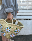 Cane basket - Handmade - Embroidered flowers - ø 22 cm