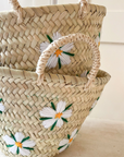 Cane basket - Handmade - Embroidered flowers - ø 22 cm