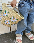 Cane basket - Handmade - Embroidered flowers - ø 22 cm