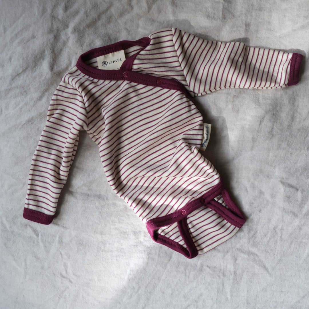 Cross-over body - Long sleeve - Wool & Silk - Natural/ Orchid striped