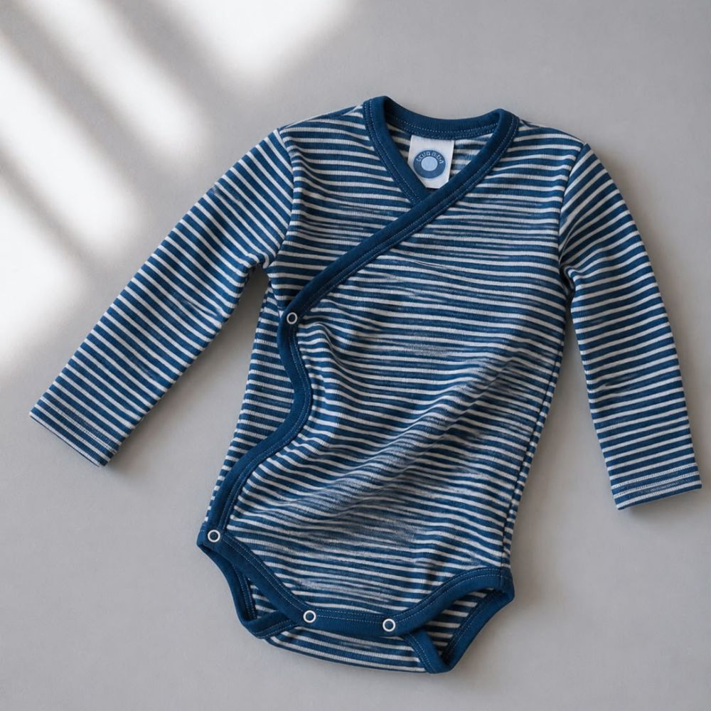 Cross-over body - Long sleeve - Wool & Silk - Striped Navy blue