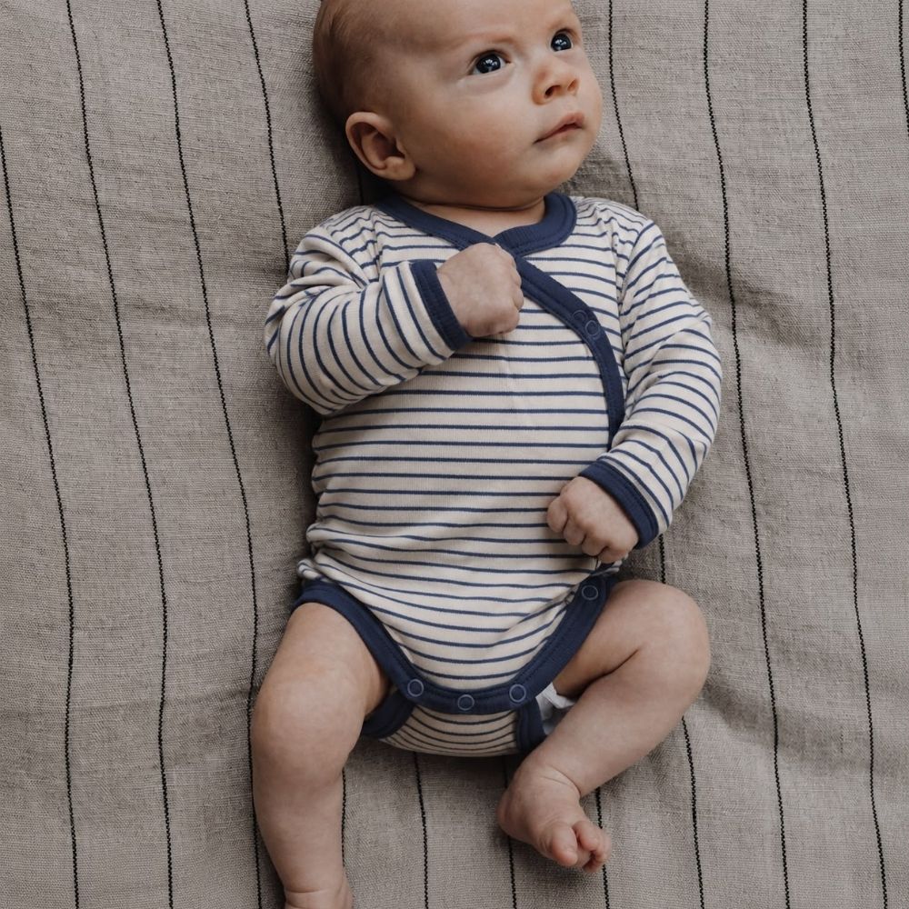 Cross-over body - Long sleeve - Wool & Silk - Natural/ Navy striped