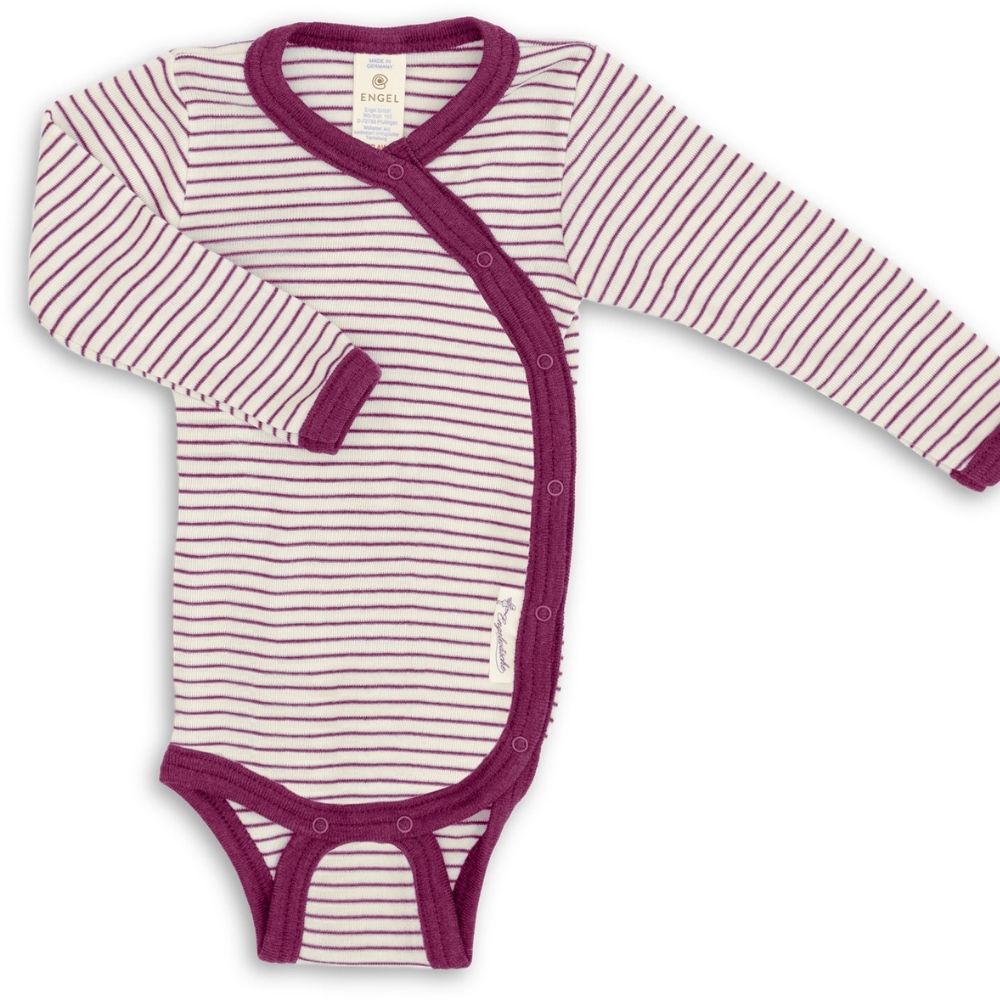Cross-over body - Long sleeve - Wool & Silk - Natural/ Orchid striped