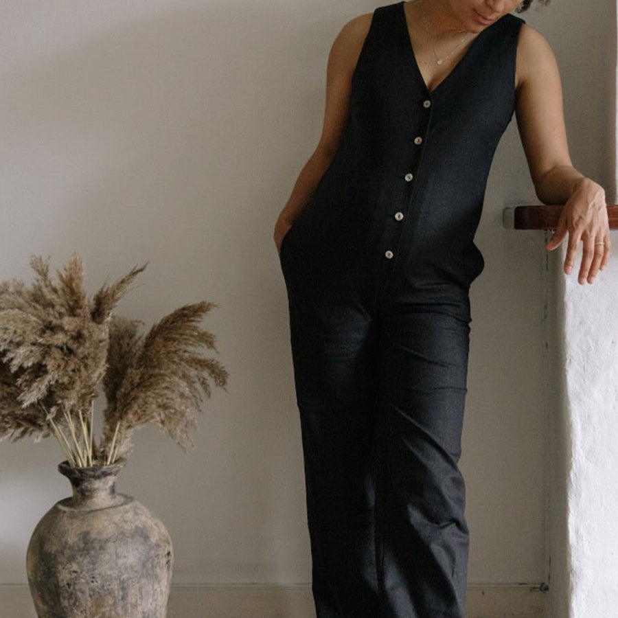Mom jumpsuit - Linen blend - Black